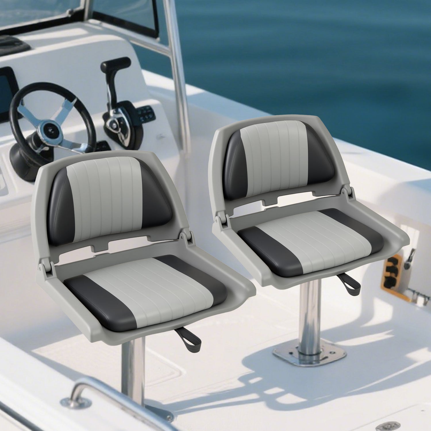 Boat Seat Folding Low Back Boat Chair with Marine-Grade PVC-Gray