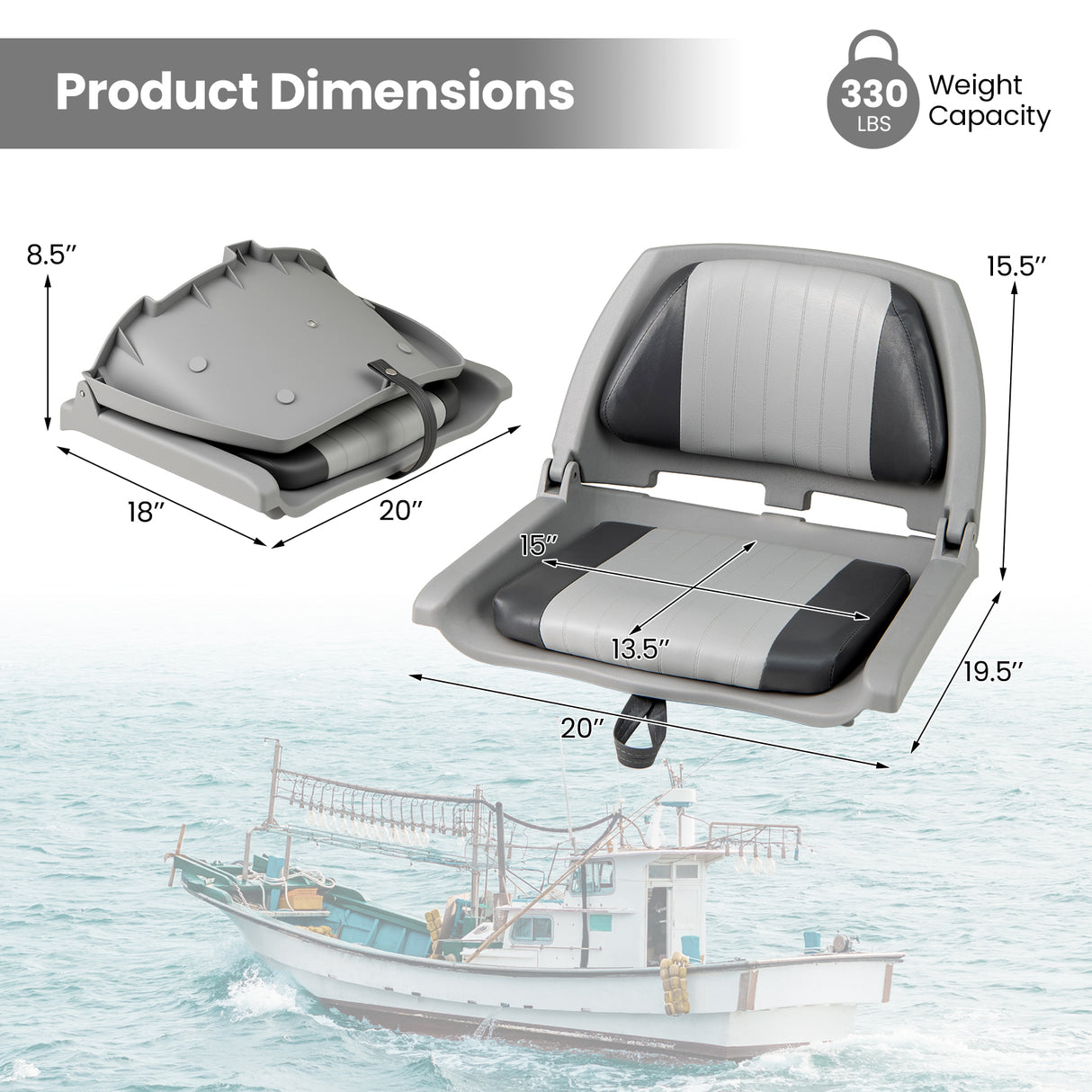 Boat Seat Folding Low Back Boat Chair with Marine-Grade PVC-Gray