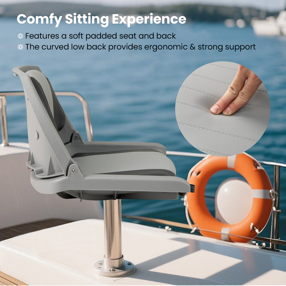 Boat Seat Folding Low Back Boat Chair with Marine-Grade PVC-Gray
