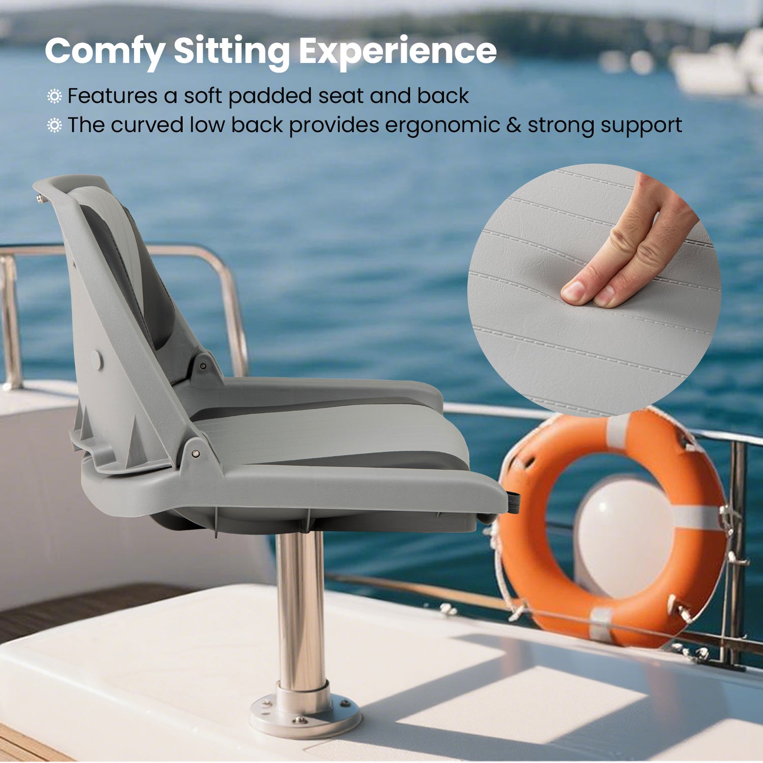 Boat Seat Folding Low Back Boat Chair with Marine-Grade PVC-Gray