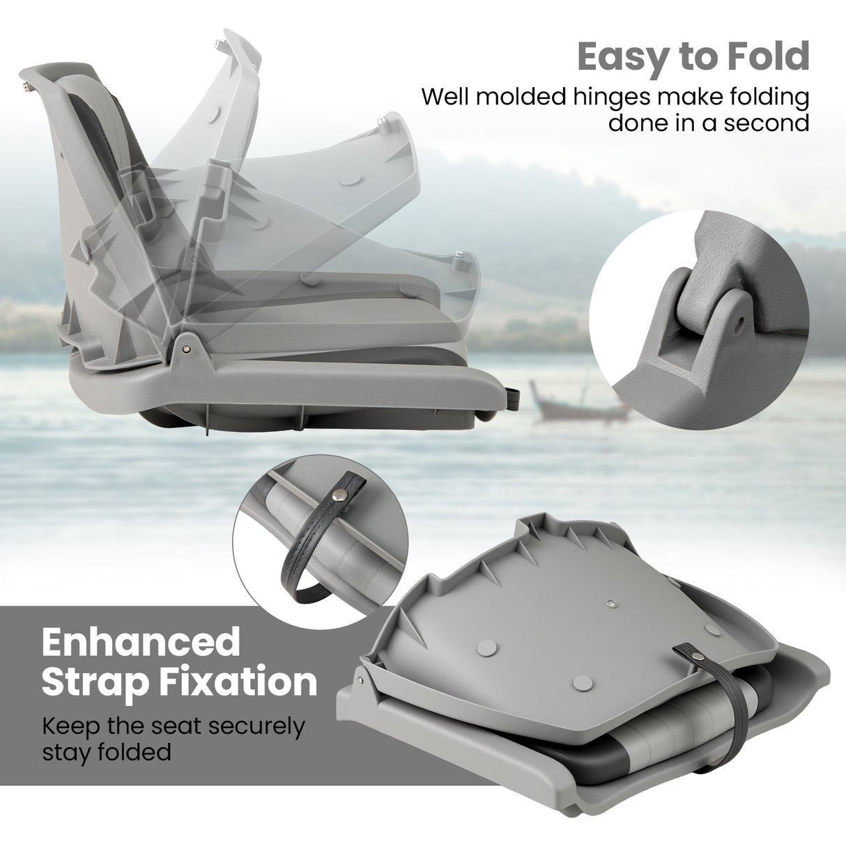 Boat Seat Folding Low Back Boat Chair with Marine-Grade PVC-Gray