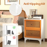 Boho Accent Table Nightstand with 2 Handwoven Rattan Decorated Drawers-White