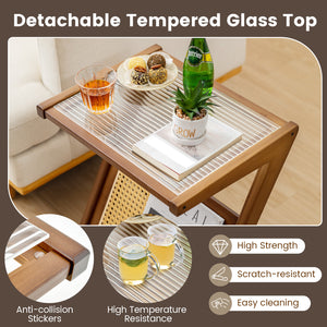 Boho End Table with Magazine Rack and Tempered Glass Top-Walnut