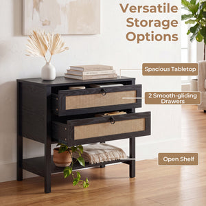 Boho Rattan Nightstand with 2 Drawers and Bottom Open Shelf-Black