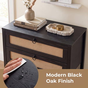 Boho Rattan Nightstand with 2 Drawers and Bottom Open Shelf-Black