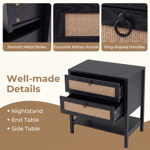 Boho Rattan Nightstand with 2 Drawers and Bottom Open Shelf-Black