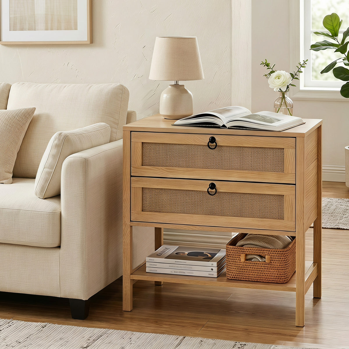 Boho Rattan Nightstand with 2 Drawers and Bottom Open Shelf-Natural