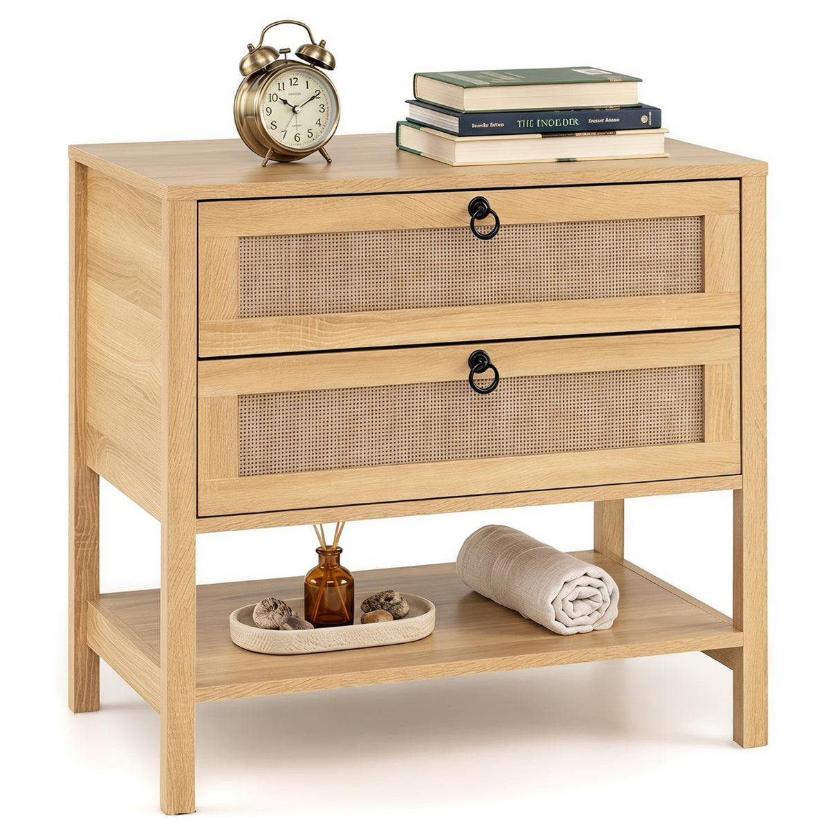 Boho Rattan Nightstand with 2 Drawers and Bottom Open Shelf-Natural