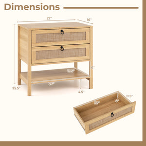 Boho Rattan Nightstand with 2 Drawers and Bottom Open Shelf-Natural