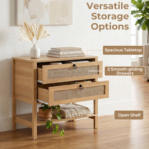 Boho Rattan Nightstand with 2 Drawers and Bottom Open Shelf-Natural