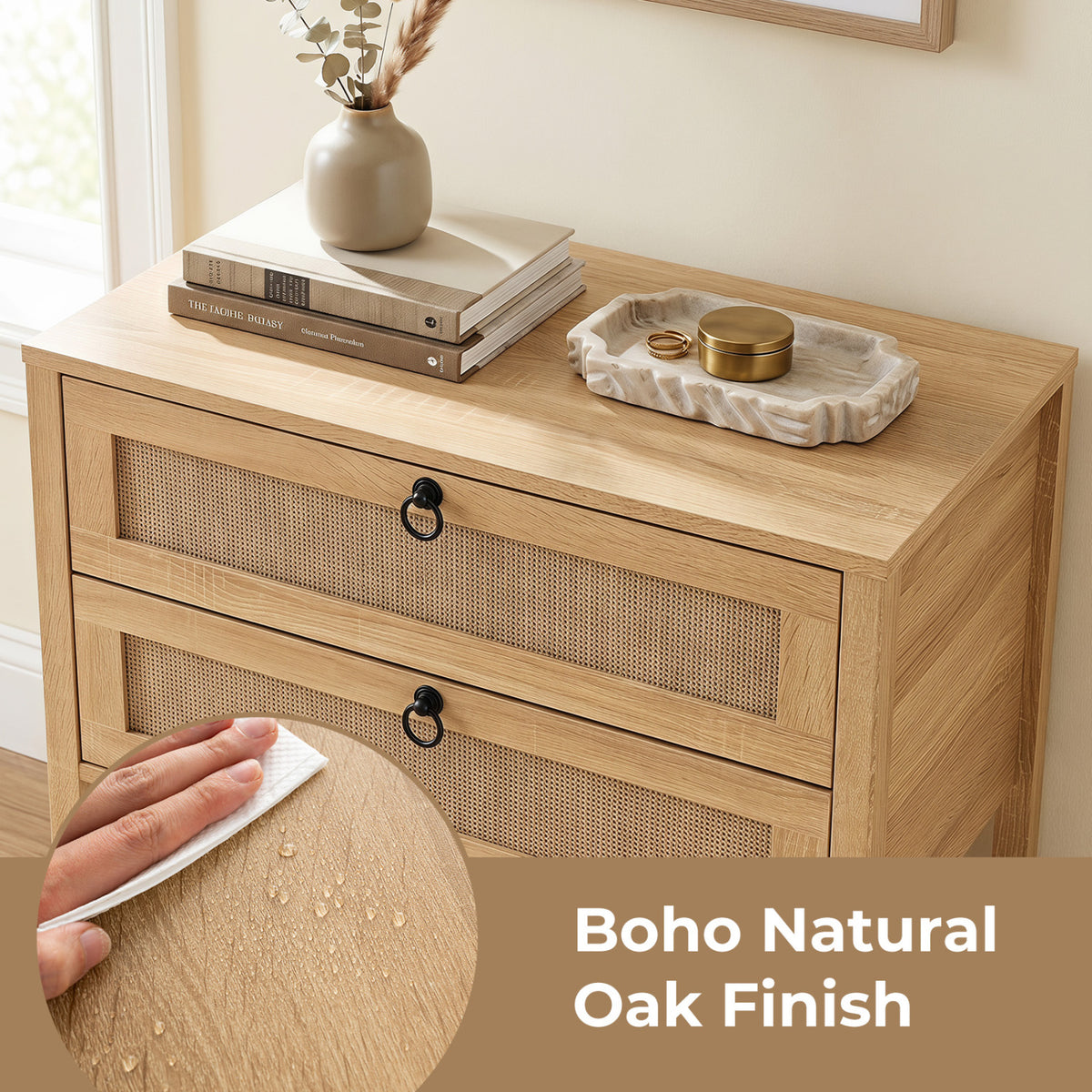 Boho Rattan Nightstand with 2 Drawers and Bottom Open Shelf-Natural