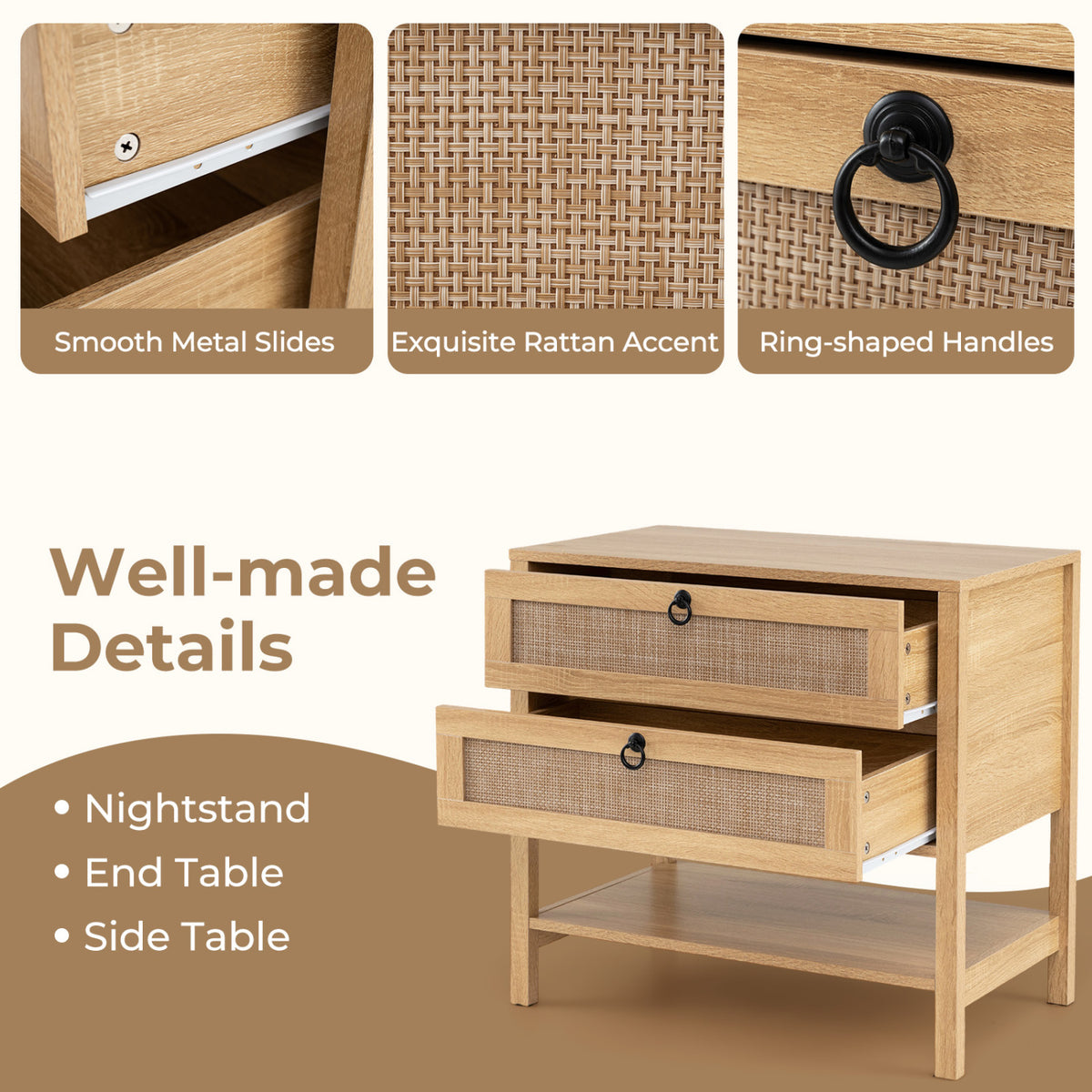 Boho Rattan Nightstand with 2 Drawers and Bottom Open Shelf-Natural