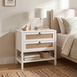 Boho Rattan Nightstand with 2 Drawers and Bottom Open Shelf-White