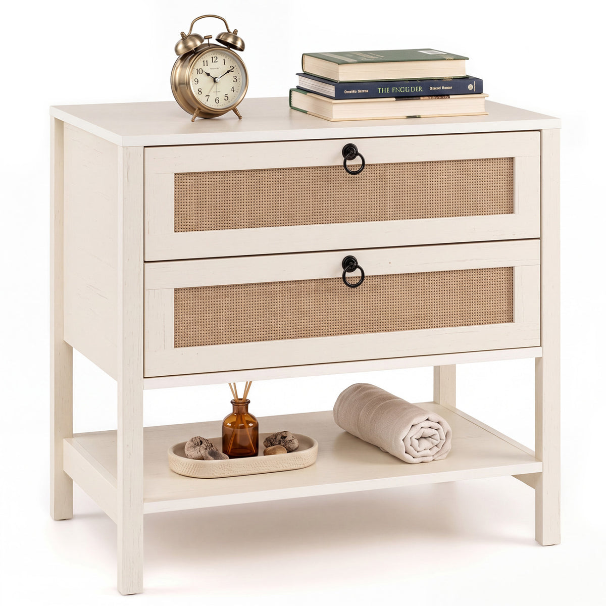Boho Rattan Nightstand with 2 Drawers and Bottom Open Shelf-White
