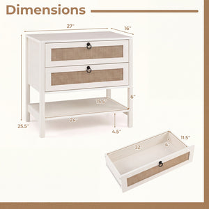 Boho Rattan Nightstand with 2 Drawers and Bottom Open Shelf-White