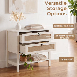 Boho Rattan Nightstand with 2 Drawers and Bottom Open Shelf-White