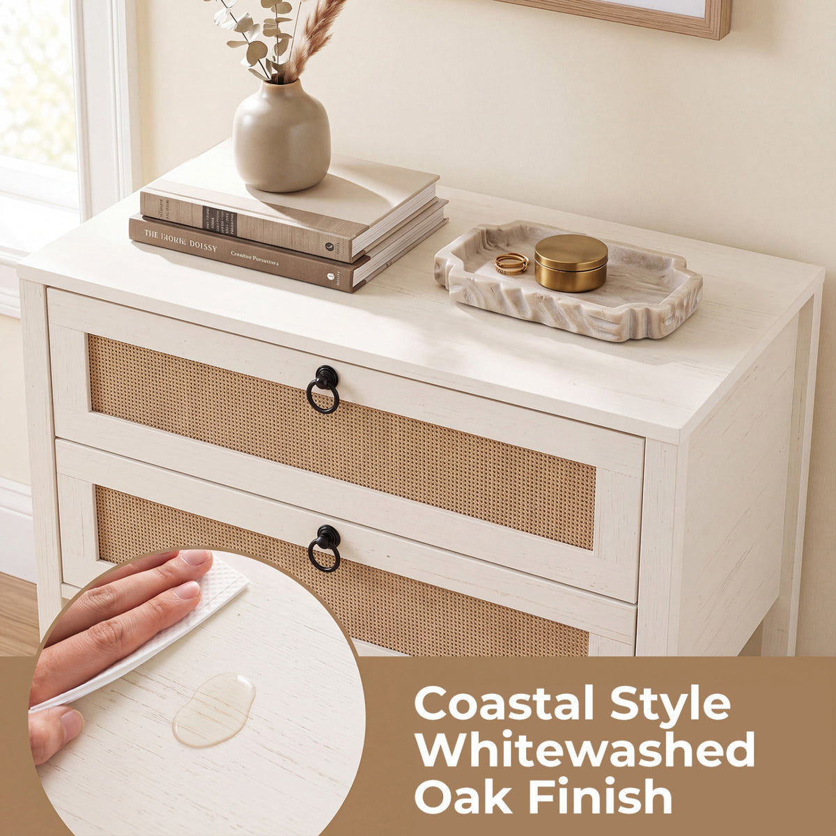 Boho Rattan Nightstand with 2 Drawers and Bottom Open Shelf-White