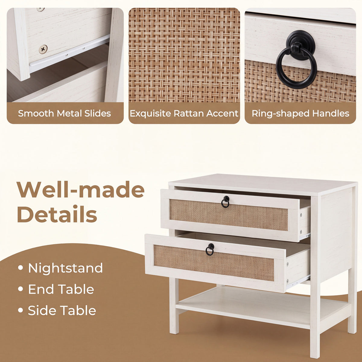 Boho Rattan Nightstand with 2 Drawers and Bottom Open Shelf-White