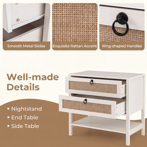 Boho Rattan Nightstand with 2 Drawers and Bottom Open Shelf-White