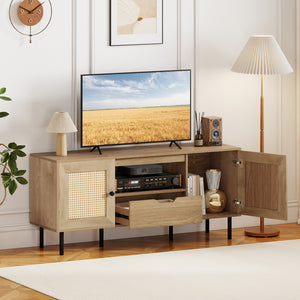 Boho TV Stand for 60 Inch TV Entertainment Center with Cabinets and Storage Shelf-Natural