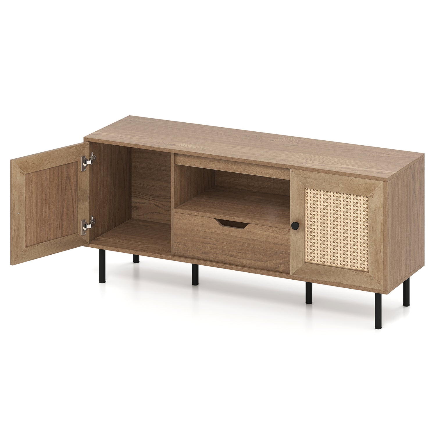 Boho TV Stand for 60 Inch TV Entertainment Center with Cabinets and Storage Shelf-Natural