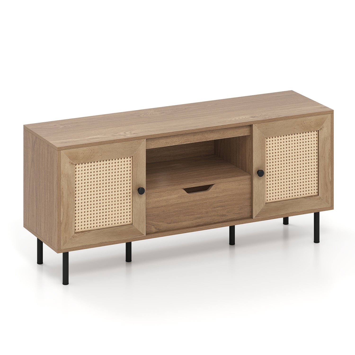 Boho TV Stand for 60 Inch TV Entertainment Center with Cabinets and Storage Shelf-Natural