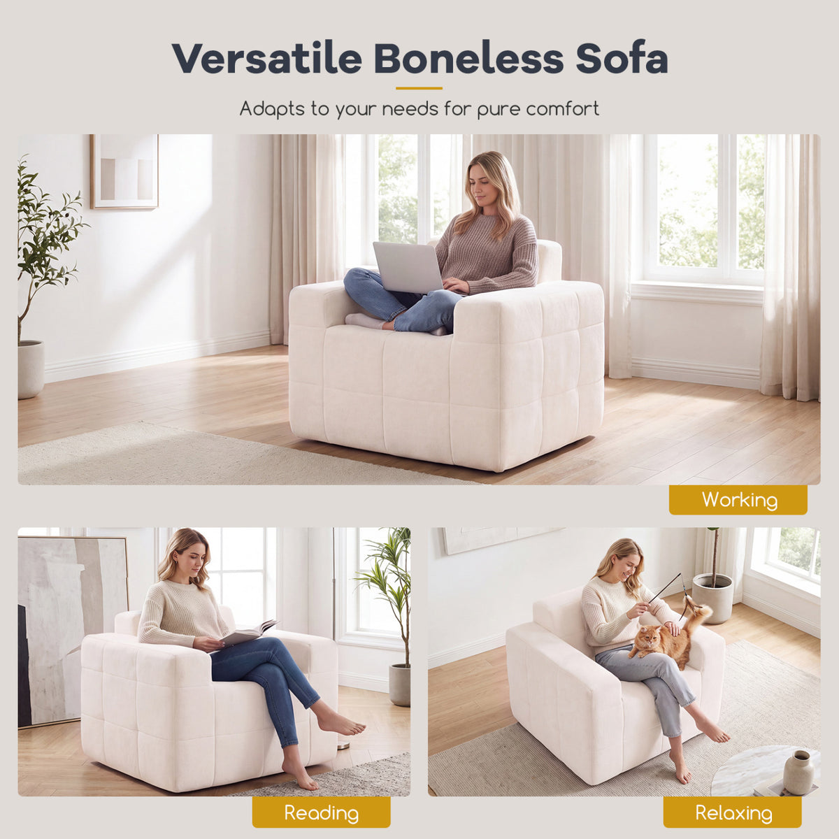 Boneless Single Sofa Chair Cloud Sofa with Terry Cloth Upholstery-Beige