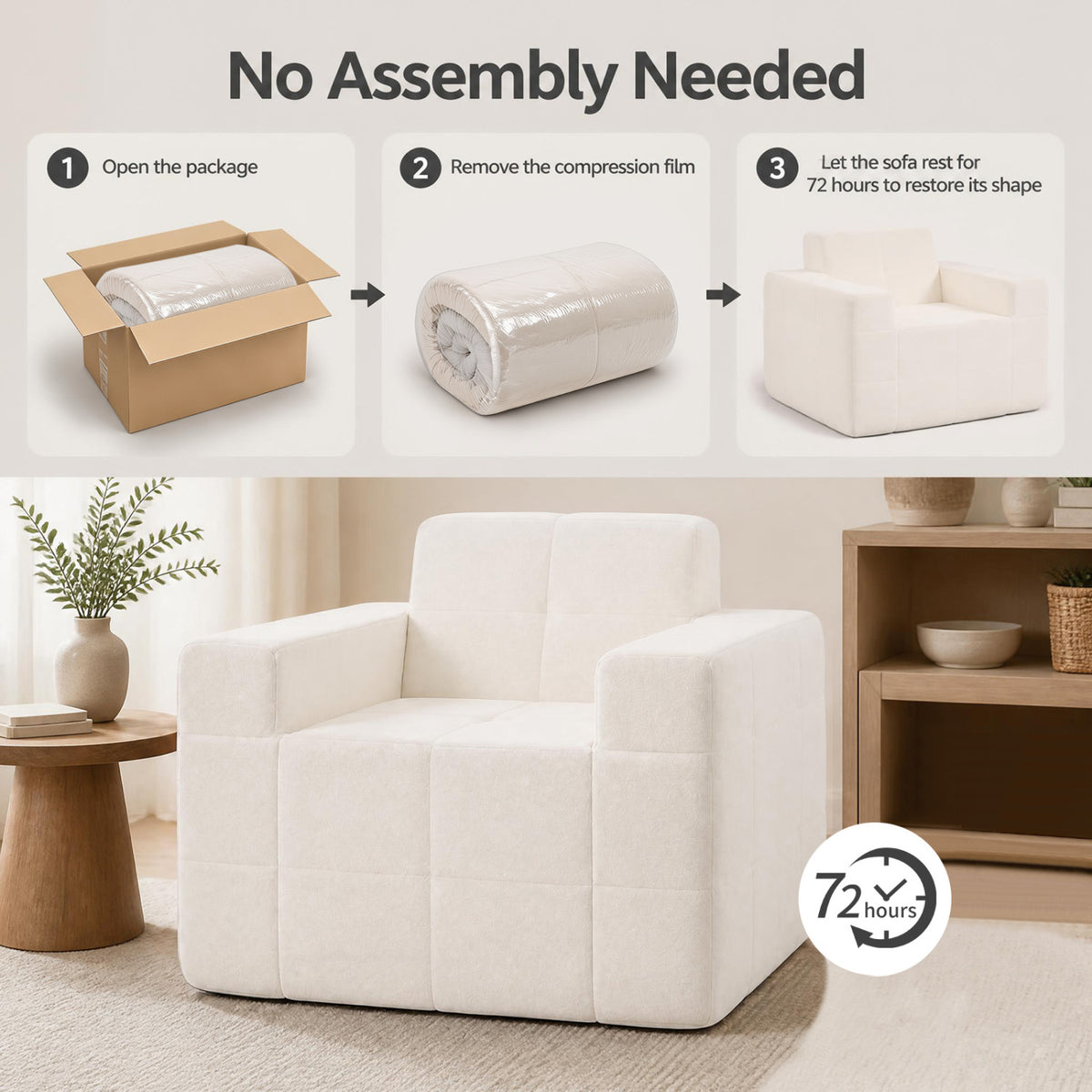 Boneless Single Sofa Chair Cloud Sofa with Terry Cloth Upholstery-Beige
