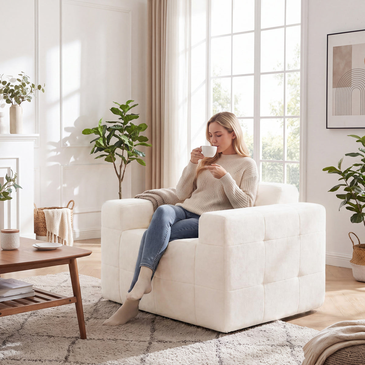 Boneless Single Sofa Chair Cloud Sofa with Terry Cloth Upholstery-Beige