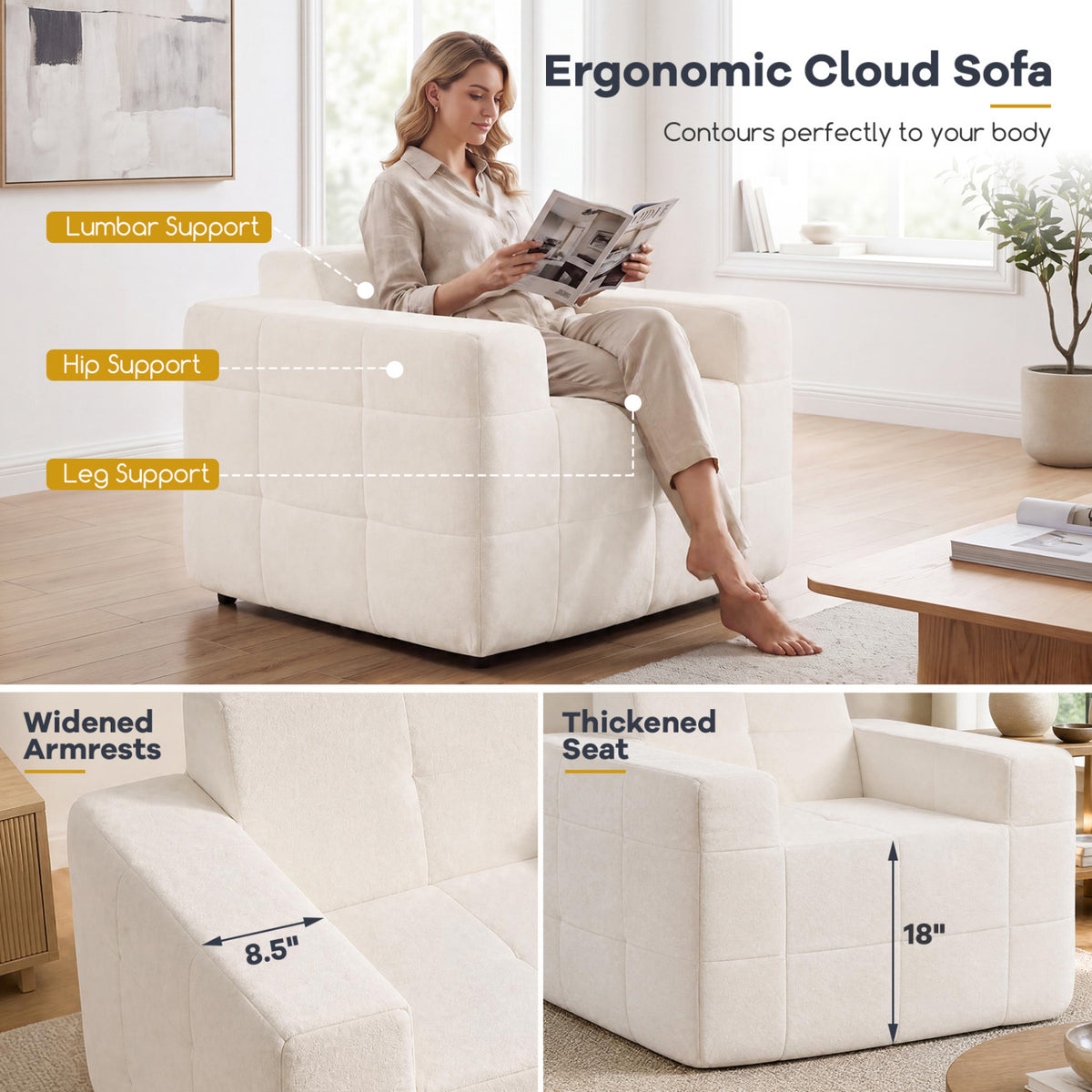Boneless Single Sofa Chair Cloud Sofa with Terry Cloth Upholstery-Beige