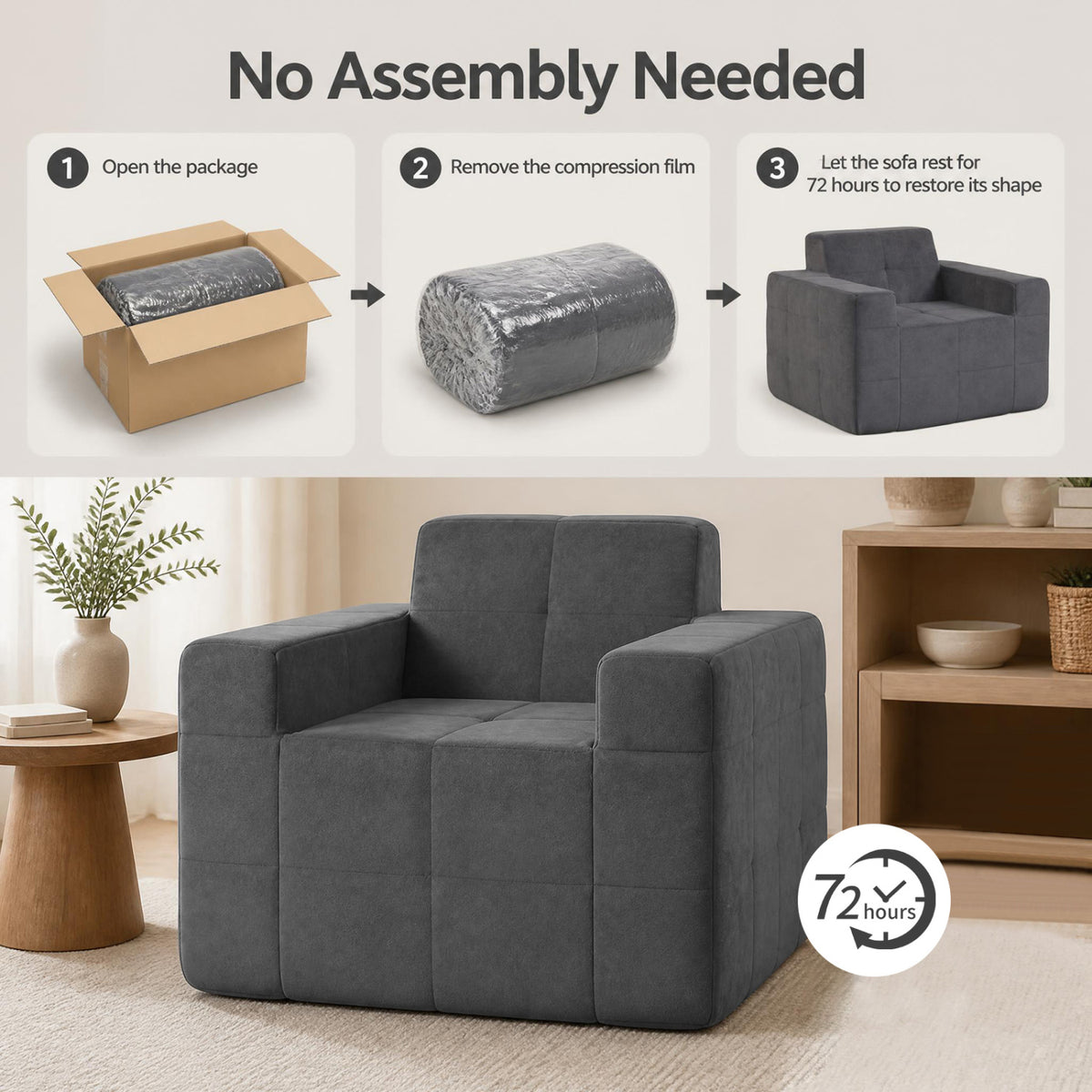 Boneless Single Sofa Chair Cloud Sofa with Terry Cloth Upholstery-Grey