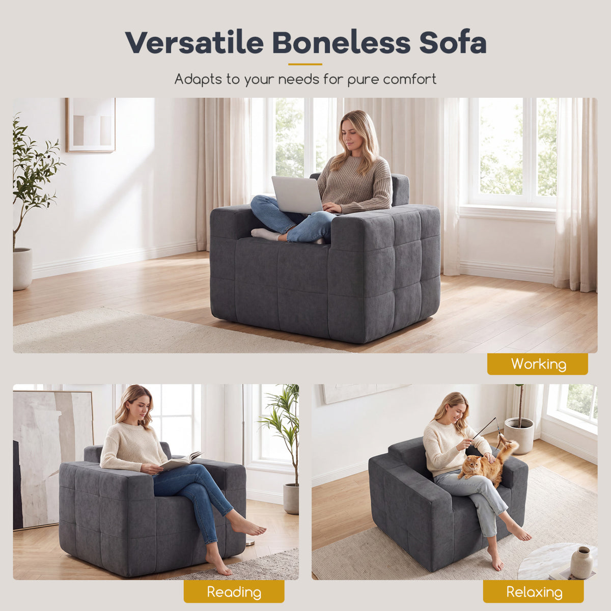 Boneless Single Sofa Chair Cloud Sofa with Terry Cloth Upholstery-Grey