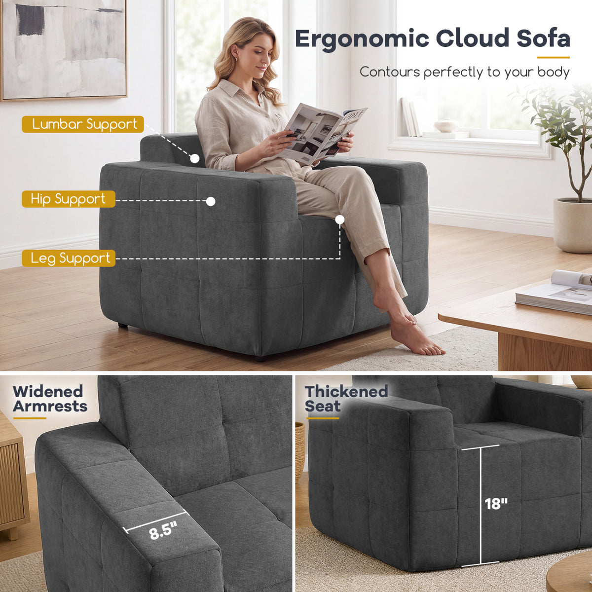 Boneless Single Sofa Chair Cloud Sofa with Terry Cloth Upholstery-Grey