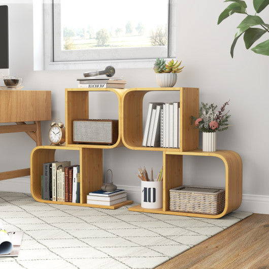 2-Tier S-Shaped Bamboo Bookcase with 2 Open Cubes for Living Room-Natural