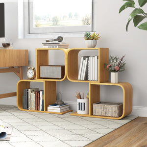 2-Tier S-Shaped Bamboo Bookcase with 2 Open Cubes for Living Room-Natural