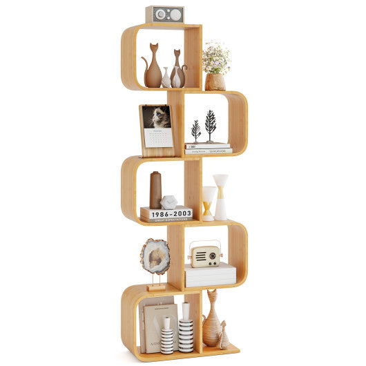 5-Tier S-Shaped Bookcase with 5 Open Cubes for Living Room-Natural