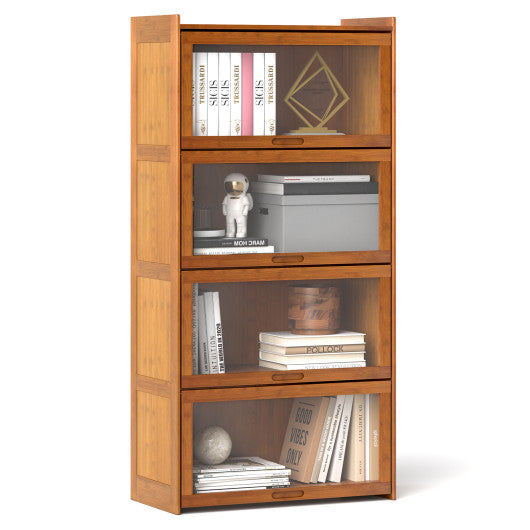 4-Tier Bamboo Bookcase with Doors for Study Room Living Room-Brown