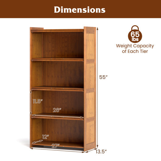 4-Tier Bamboo Bookcase with Doors for Study Room Living Room-Brown