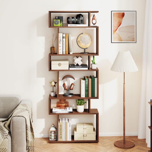 6-Tier Geometric Bookshelf with 2 Anti-Tipping Kits for Home Office-Walnut
