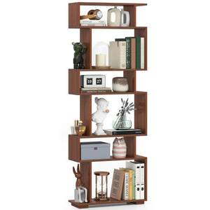 6-Tier Geometric Bookshelf with 2 Anti-Tipping Kits for Home Office-Walnut