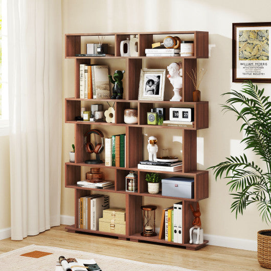 6-Tier Geometric Bookshelf with 2 Anti-Tipping Kits for Home Office-Walnut