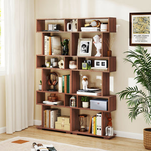 6-Tier Geometric Bookshelf with 2 Anti-Tipping Kits for Home Office-Walnut