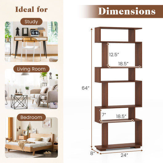 6-Tier Geometric Bookshelf with 2 Anti-Tipping Kits for Home Office-Walnut