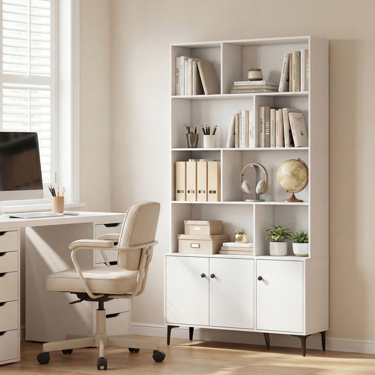 Bookshelf with 3 Doors and 2 Anti-Tipping Kits for Home Office-White