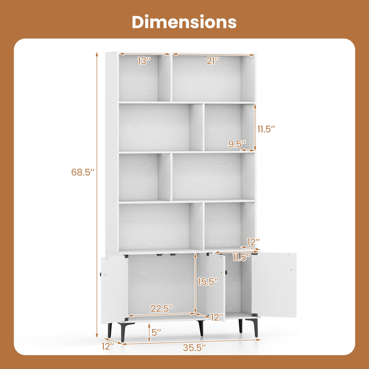 Bookshelf with 3 Doors and 2 Anti-Tipping Kits for Home Office-White