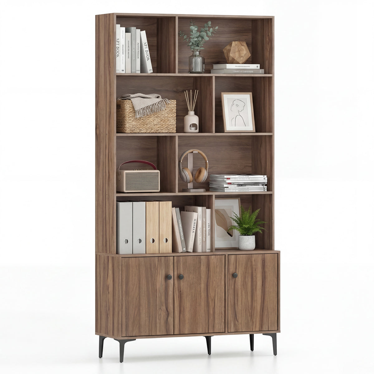 Bookshelf with 3 Doors and 2 Anti-Tipping Kits for Home Office-Walnut