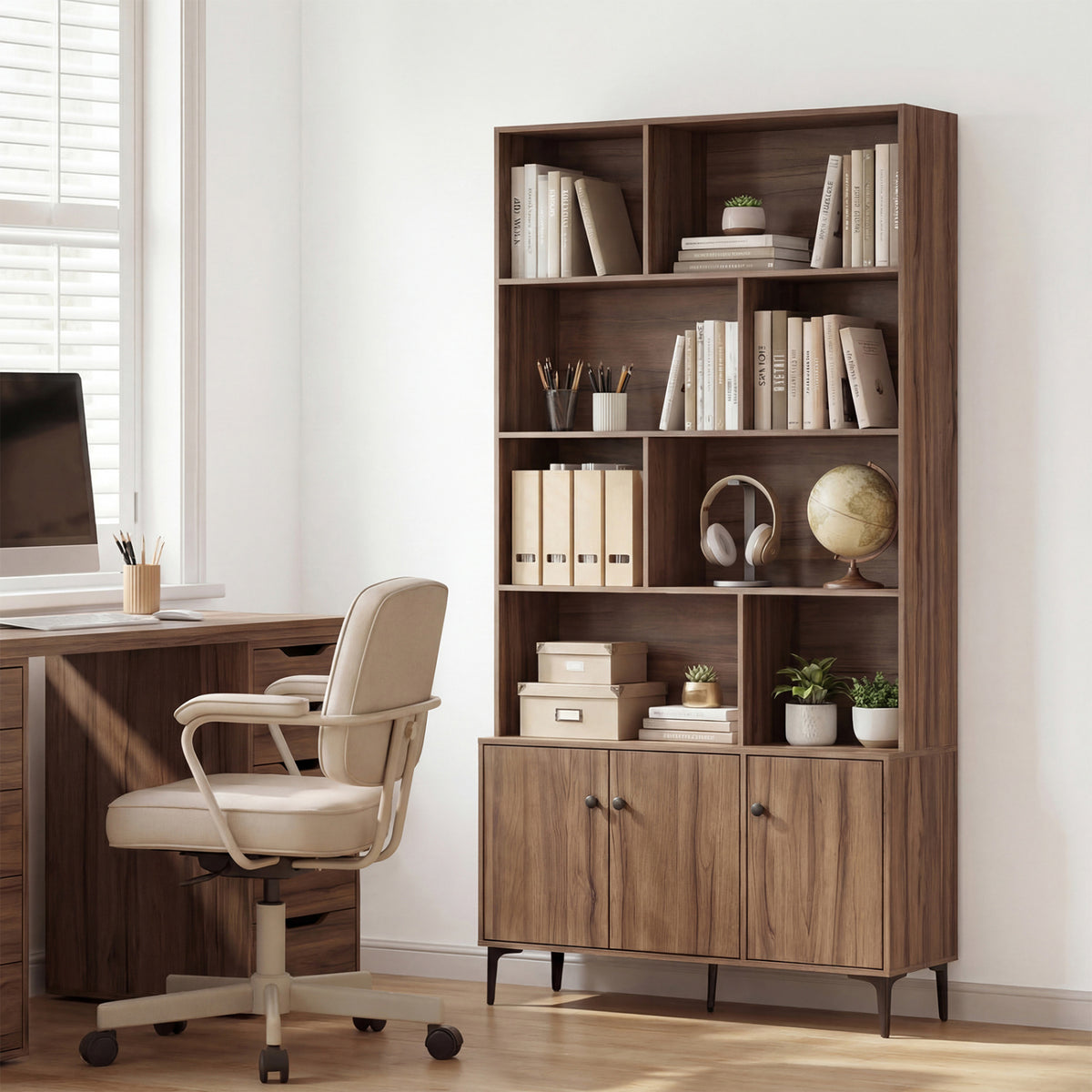 Bookshelf with 3 Doors and 2 Anti-Tipping Kits for Home Office-Walnut