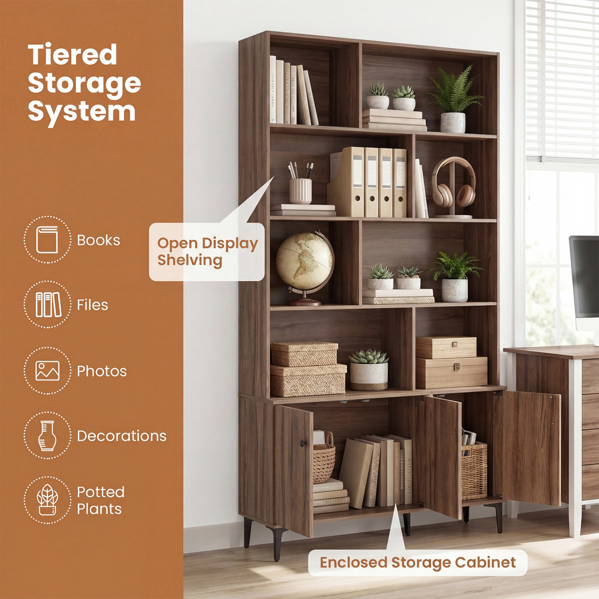 Bookshelf with 3 Doors and 2 Anti-Tipping Kits for Home Office-Walnut