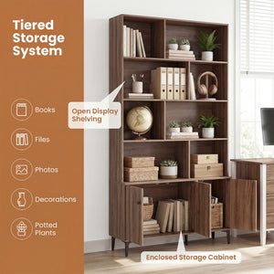 Bookshelf with 3 Doors and 2 Anti-Tipping Kits for Home Office-Walnut