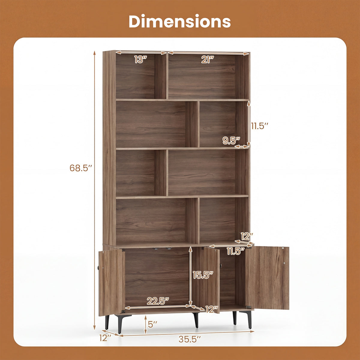 Bookshelf with 3 Doors and 2 Anti-Tipping Kits for Home Office-Walnut